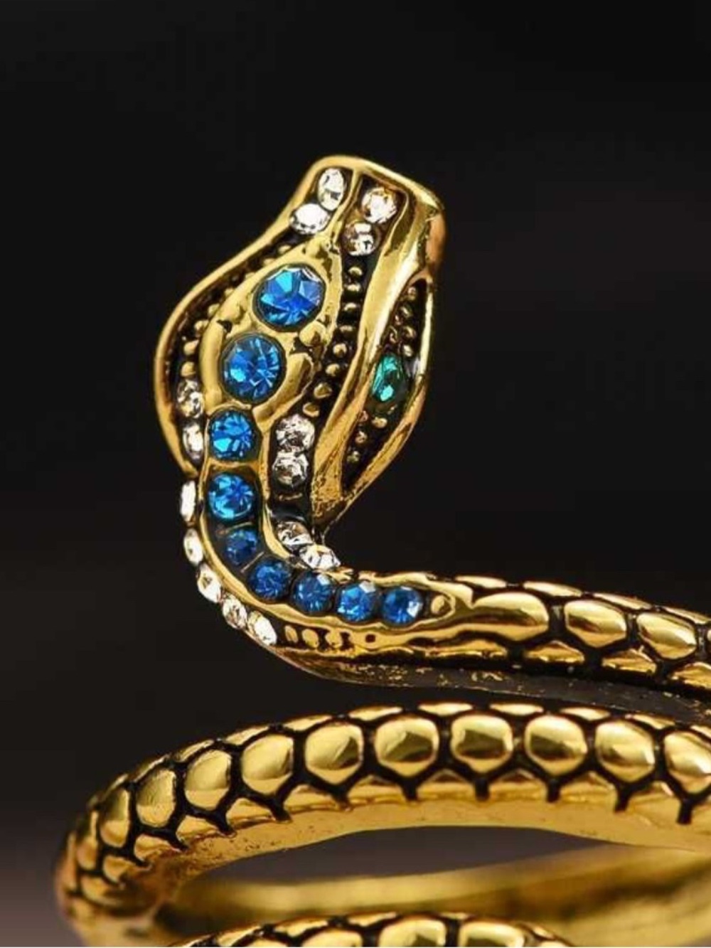 Gold Snake Reptile Wrap Ring with Blue and Clear Stones